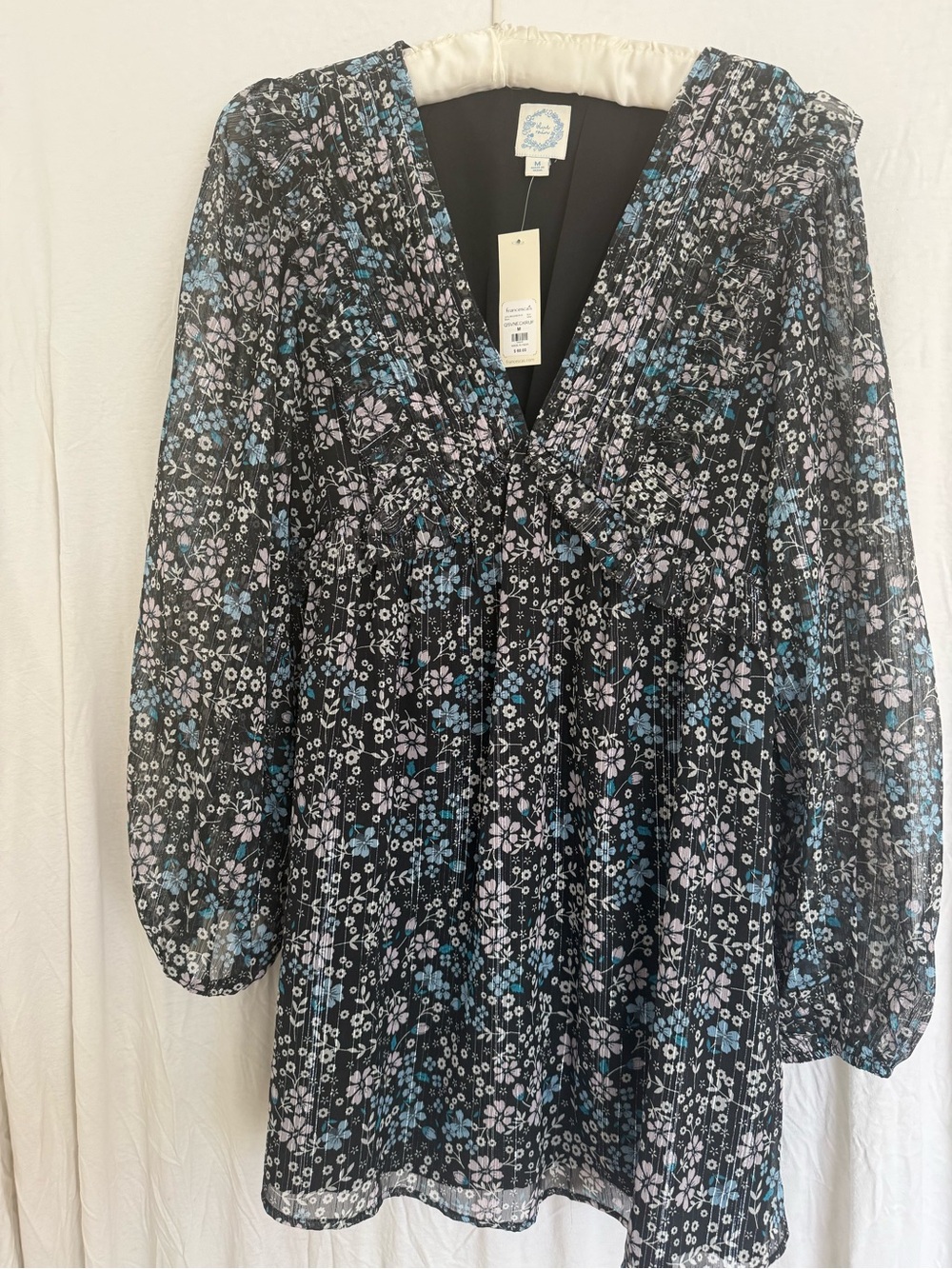 Francesca's Black Floral V-Neck Dress with Blue & Lavender Accents